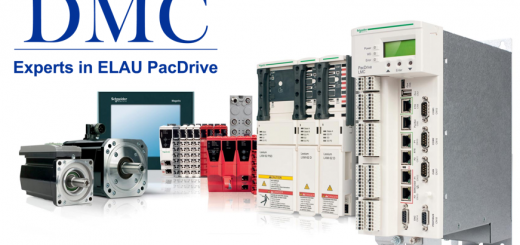 DMC logo with tagline 'Experts in ELAU PacDrive' above a range of Schneider Electric automation components, including servo motors, safety modules, operator panels, and PacDrive LMC motion controllers.